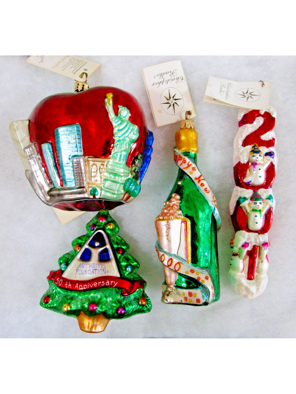 Radko 4 Ornaments Big Apple Tour, 2000 Cheers, Holiday Hopes, Millennium Magic